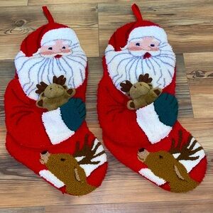 Vtg Set Santa Clause Christmas Stocking Hooked Rug Crochet Cottagecore Tuft 🎅 🌲